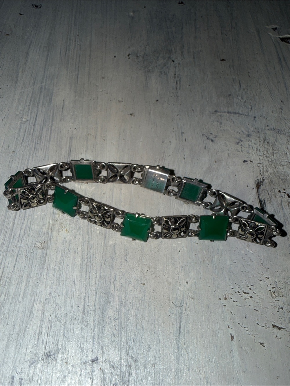 VintageArt Deco Sterling silver, green chrysoprase and marcasites link bracelet.